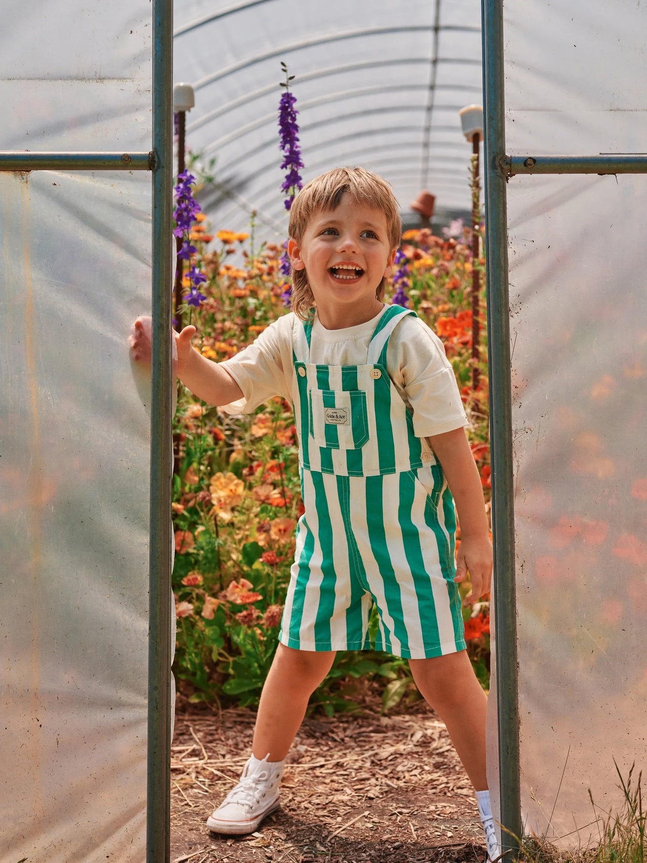 GOLDIE & ACE HAPPY STRIPE BUTTON BURTON OVERALL GREEN/WHITE
