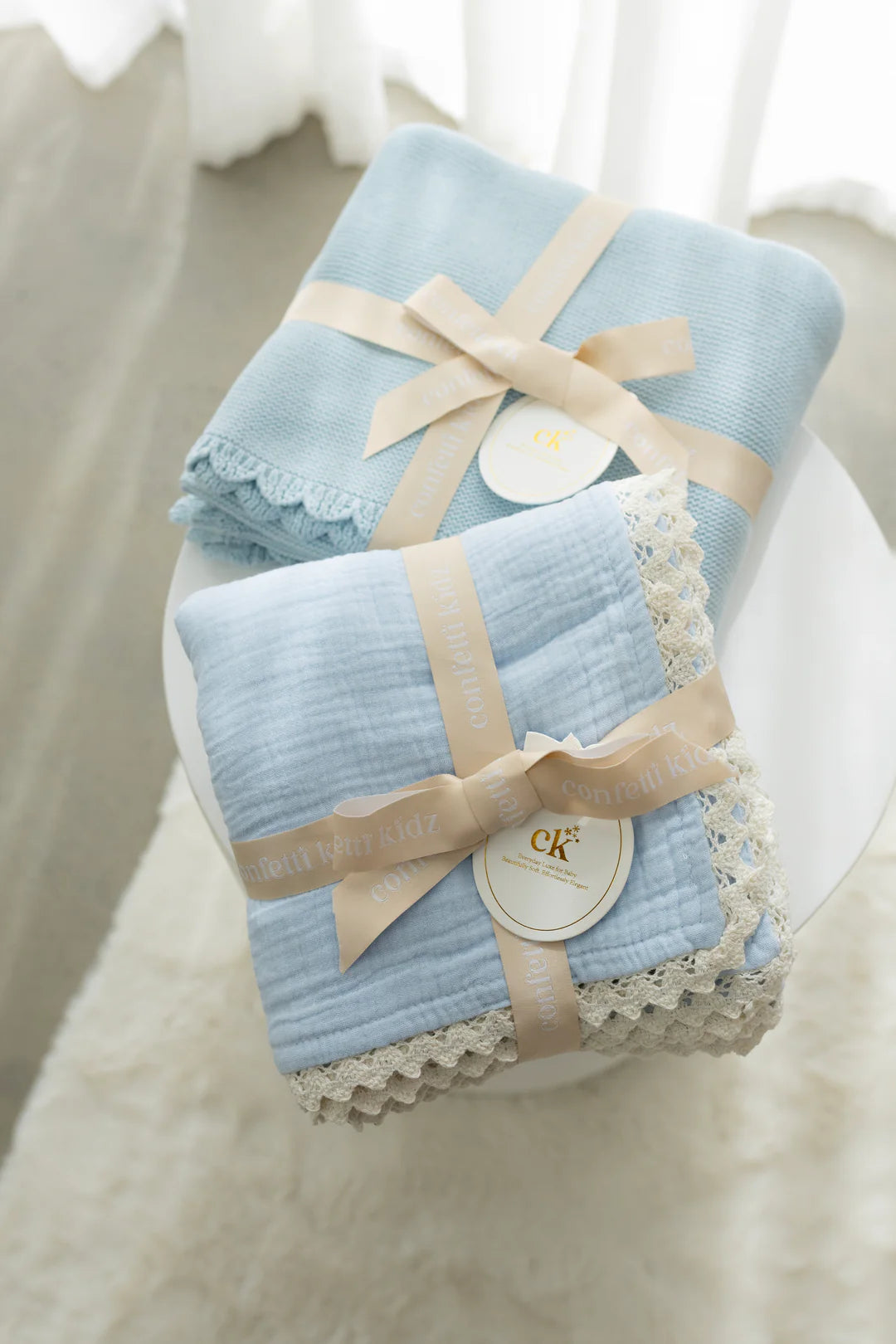 CONFETTI KIDZ MUSLIN BLANKET WITH LACE TRIM - SOFT BLUE