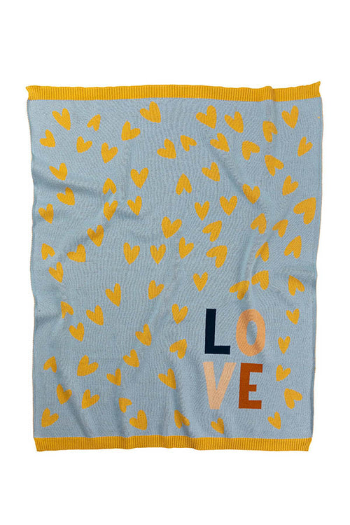 INDUS DESIGN LOVE HEART BLANKET DUSTY BLUE/CAMEL