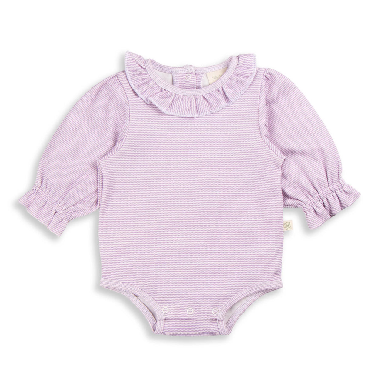 TINY TWIG FRILL NECK BODYSUIT LAVENDER STRIPES