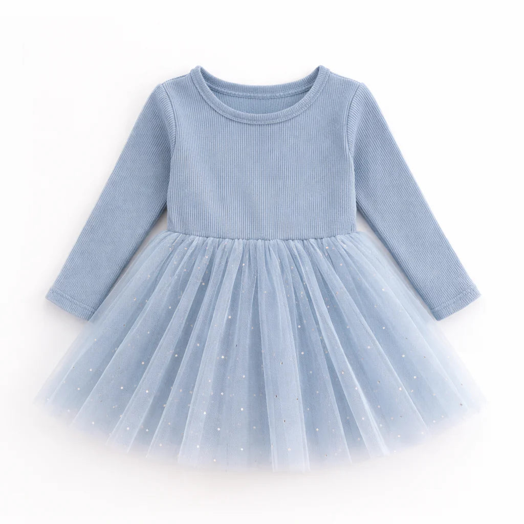CONFETTI KIDZ LONG SLEEVE TULLE DRESS - DUSTY BLUE DOTS