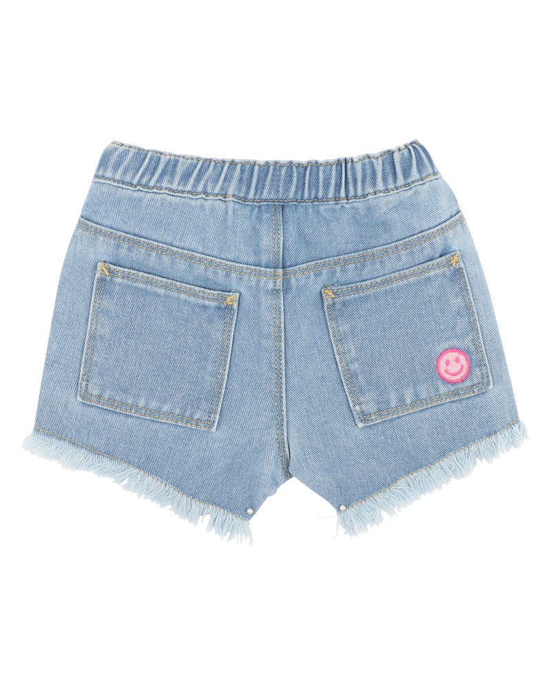 FOX & FINCH GIRLS DENIM SHORTS WITH SMILEY BADGE