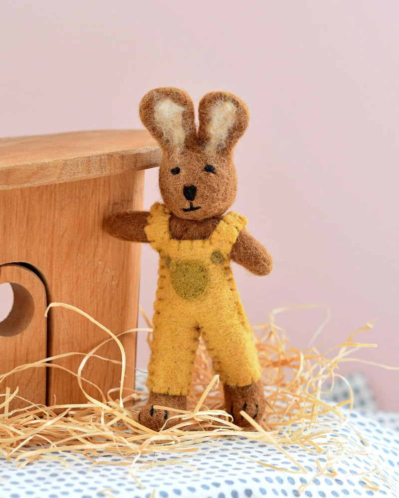 TARA TREASURES FELT BROWN HARE RABBIT MUSTARD OVERALLS TOY