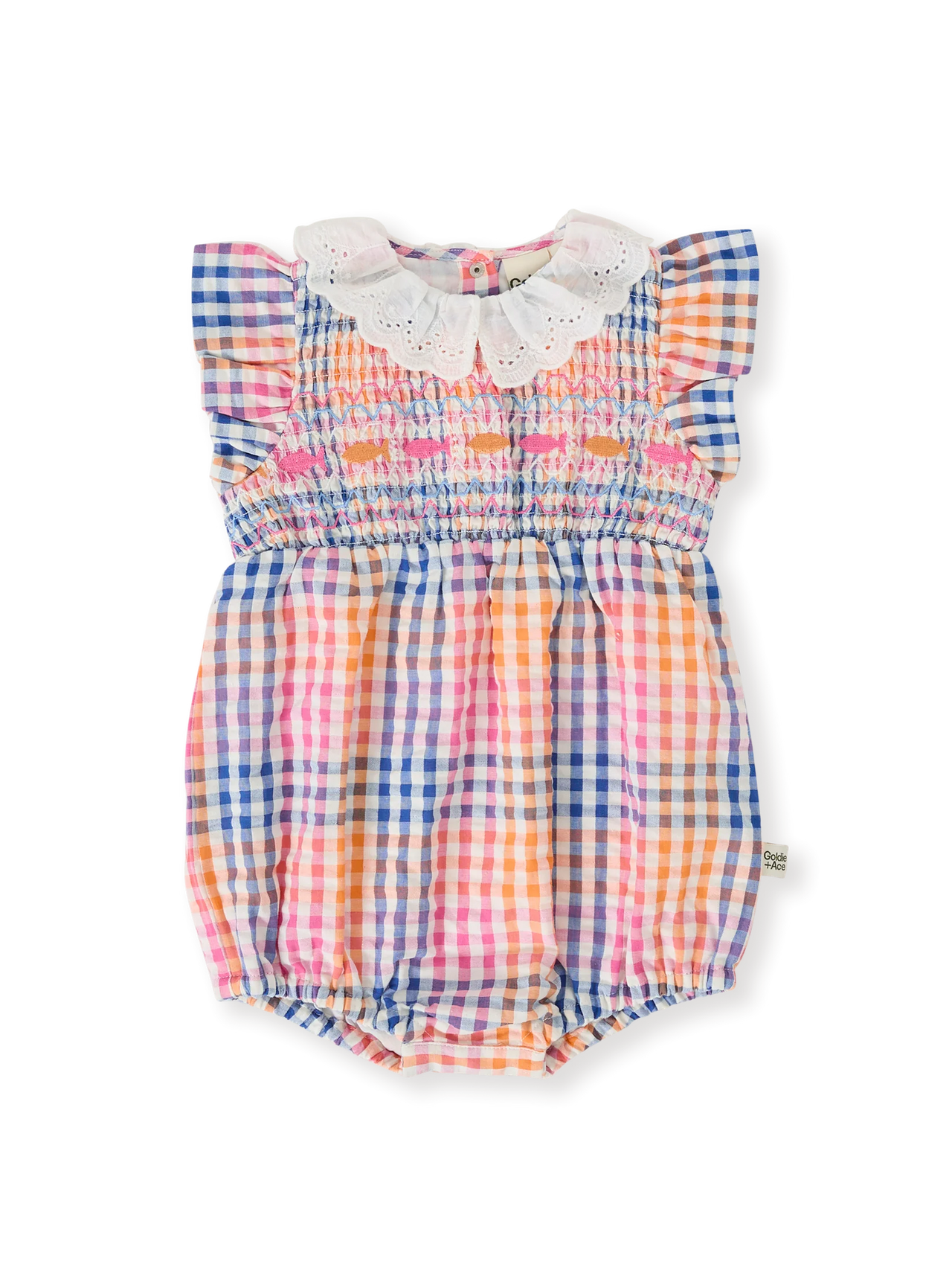 GOLDIE & ACE RAINBOW GINGHAM SMOCKED ROMPER