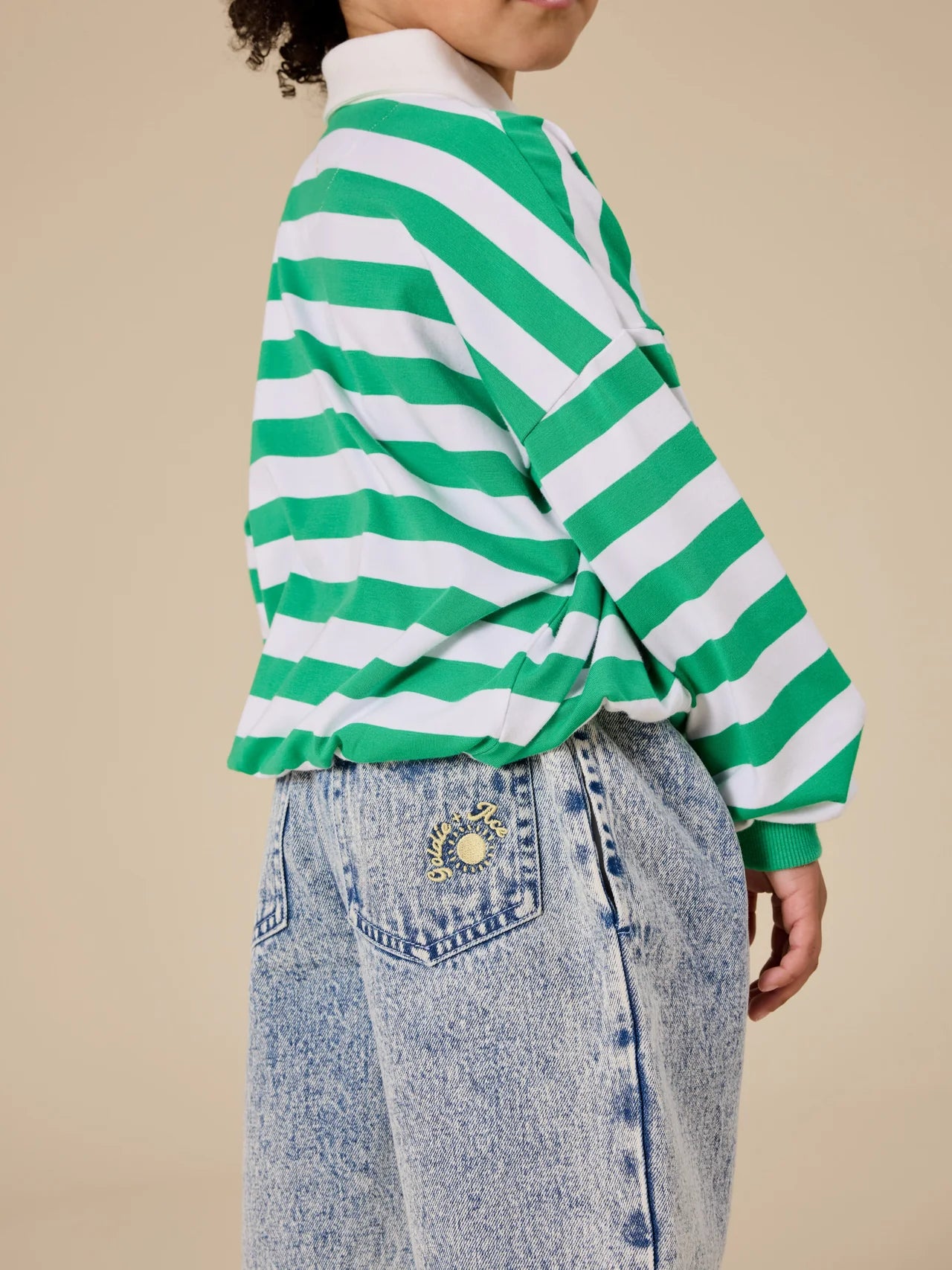 GOLDIE & ACE WIDE STRIPE RELAXED RUGBY SWEAT TOP FOREST/CLOUD
