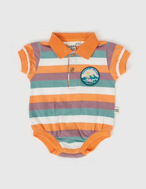 GOLDIE & ACE DINO VALLEY NOSTALGIA STRIPE POLO ROMPER