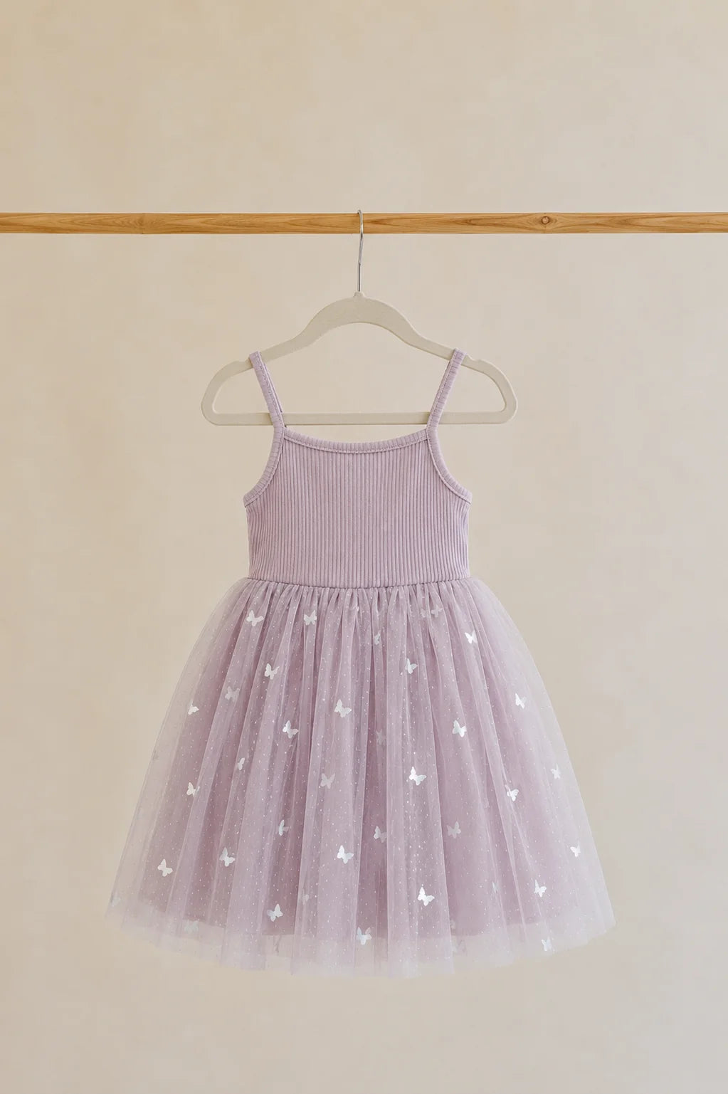 CONFETTI KIDZ RIBBED TULLE DRESS MAUVE BUTTERFLIES