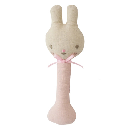 ALIMROSE LINEN BUNNY STICK RATTLE PINK