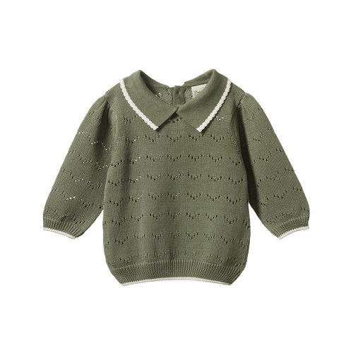 NATURE BABY LONG SLEEVE MAEVE POLO HEDGE GREEN POINTELLE