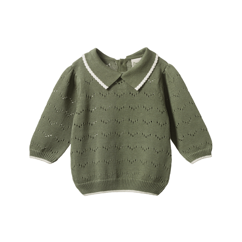 NATURE BABY LONG SLEEVE MAEVE POLO HEDGE GREEN POINTELLE