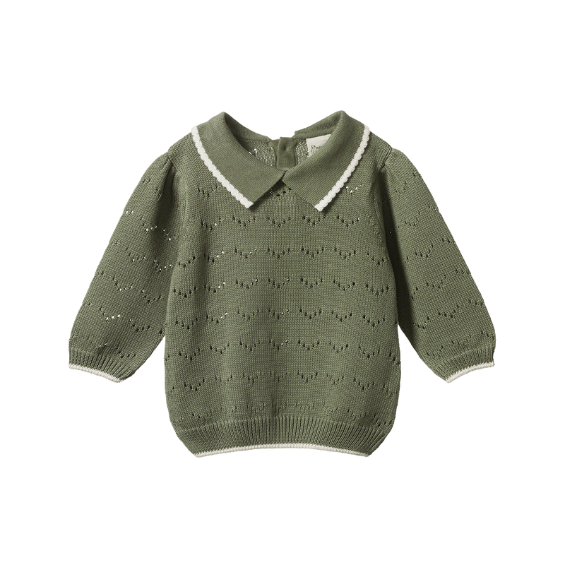 NATURE BABY LONG SLEEVE MAEVE POLO HEDGE GREEN POINTELLE
