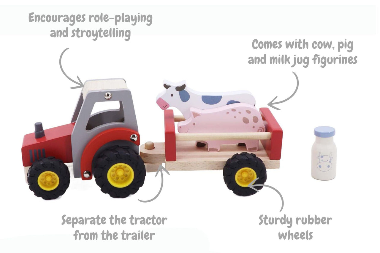 WOODEN TRACTOR WITH FARM ANIMAL RED