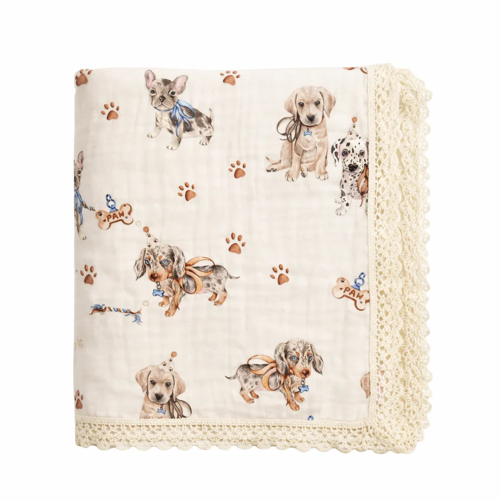 CONFETTI KIDZ PAWFECT PALS LACE EDGE MUSLIN BLANKET