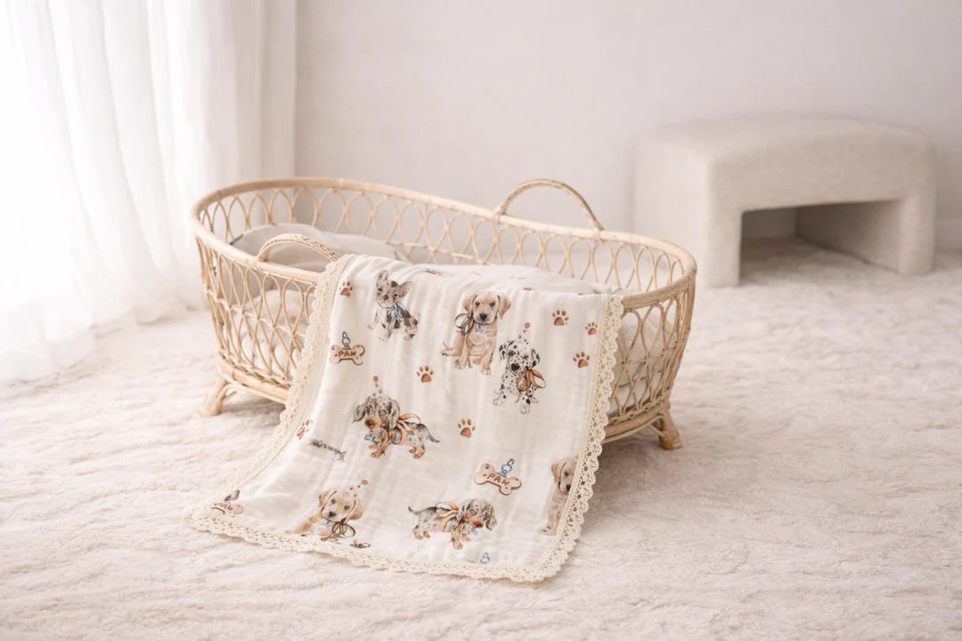 CONFETTI KIDZ PAWFECT PALS LACE EDGE MUSLIN BLANKET
