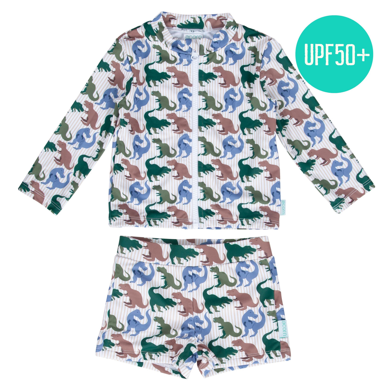 ACORN T-REX UPF50+ ZIP RASHIE TOP AND SHORT SETS - BLUE/BROWN/GREEN