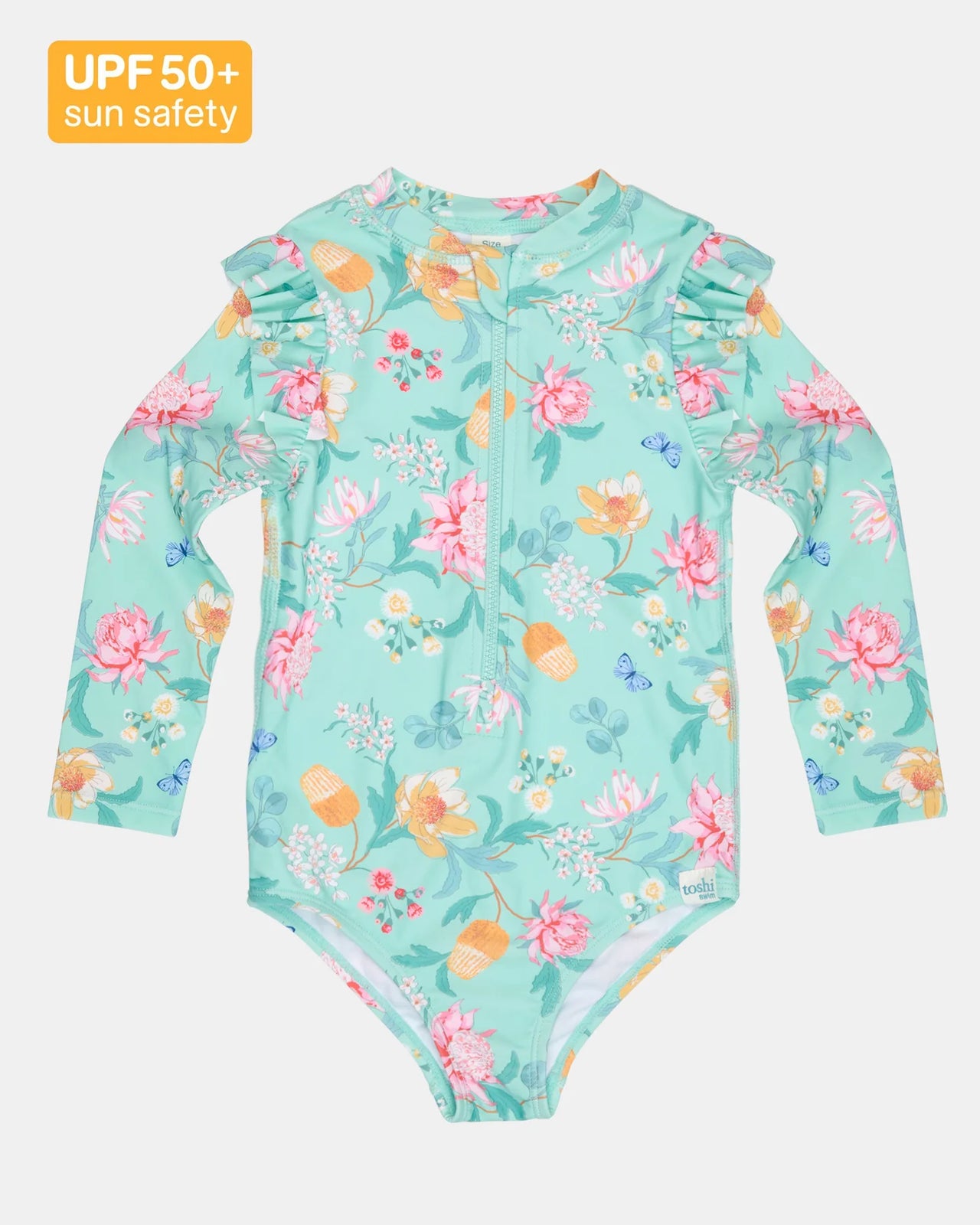 TOSHI SWIM ONESIE LS RIPPLE - WARATAH MINT