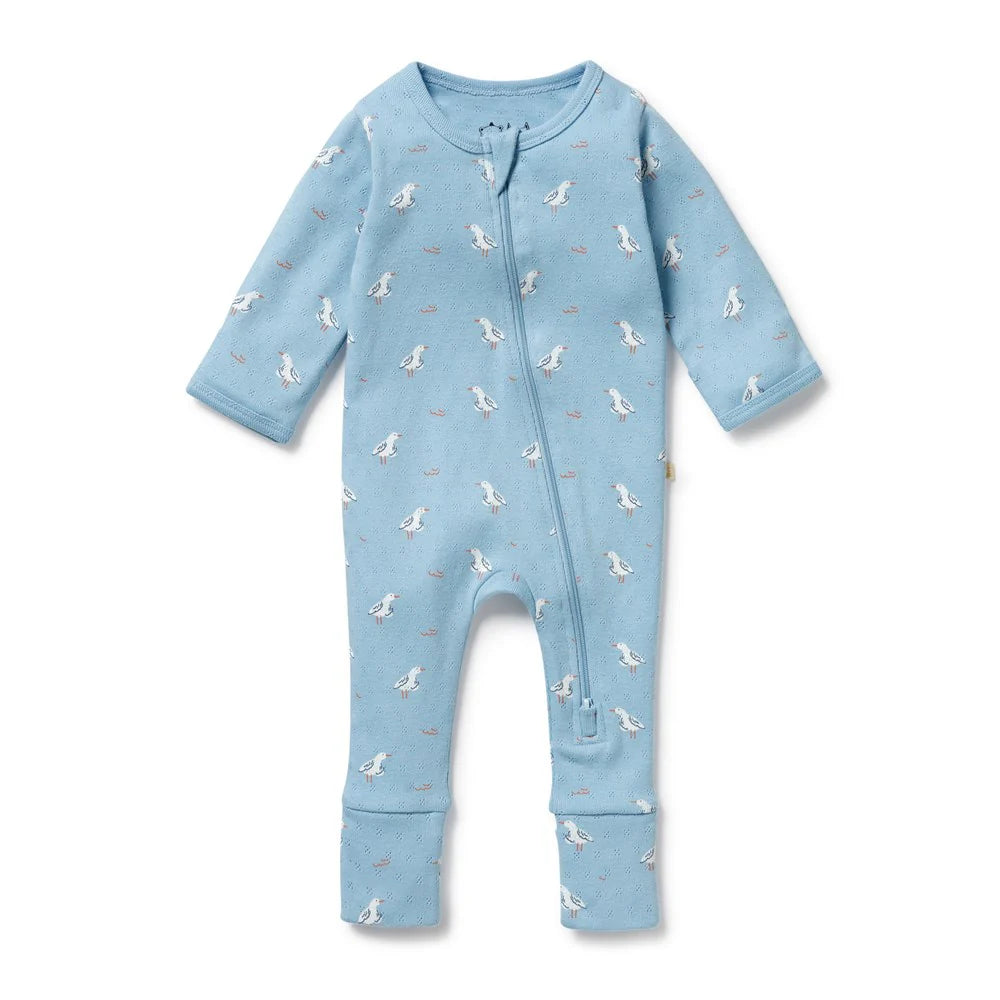 WILSON & FRENCHY SUNNY SEAGULLS ORGANIC POINTELLE ZIPSUIT WITH FEET