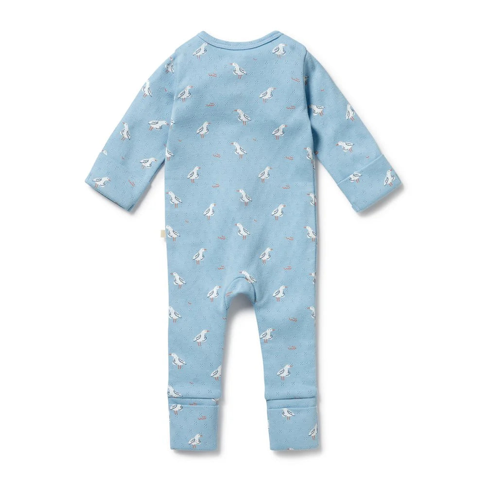 WILSON & FRENCHY SUNNY SEAGULLS ORGANIC POINTELLE ZIPSUIT WITH FEET