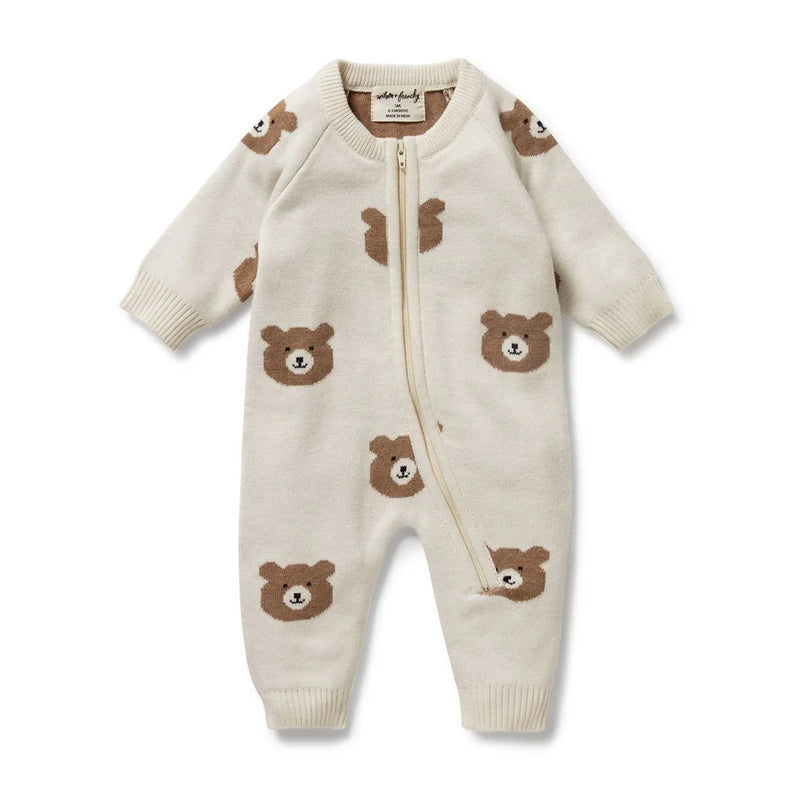 WILSON & FRENCHY ORGANIC KNIT JACQUARD BEARY CUTE ZIPSUIT