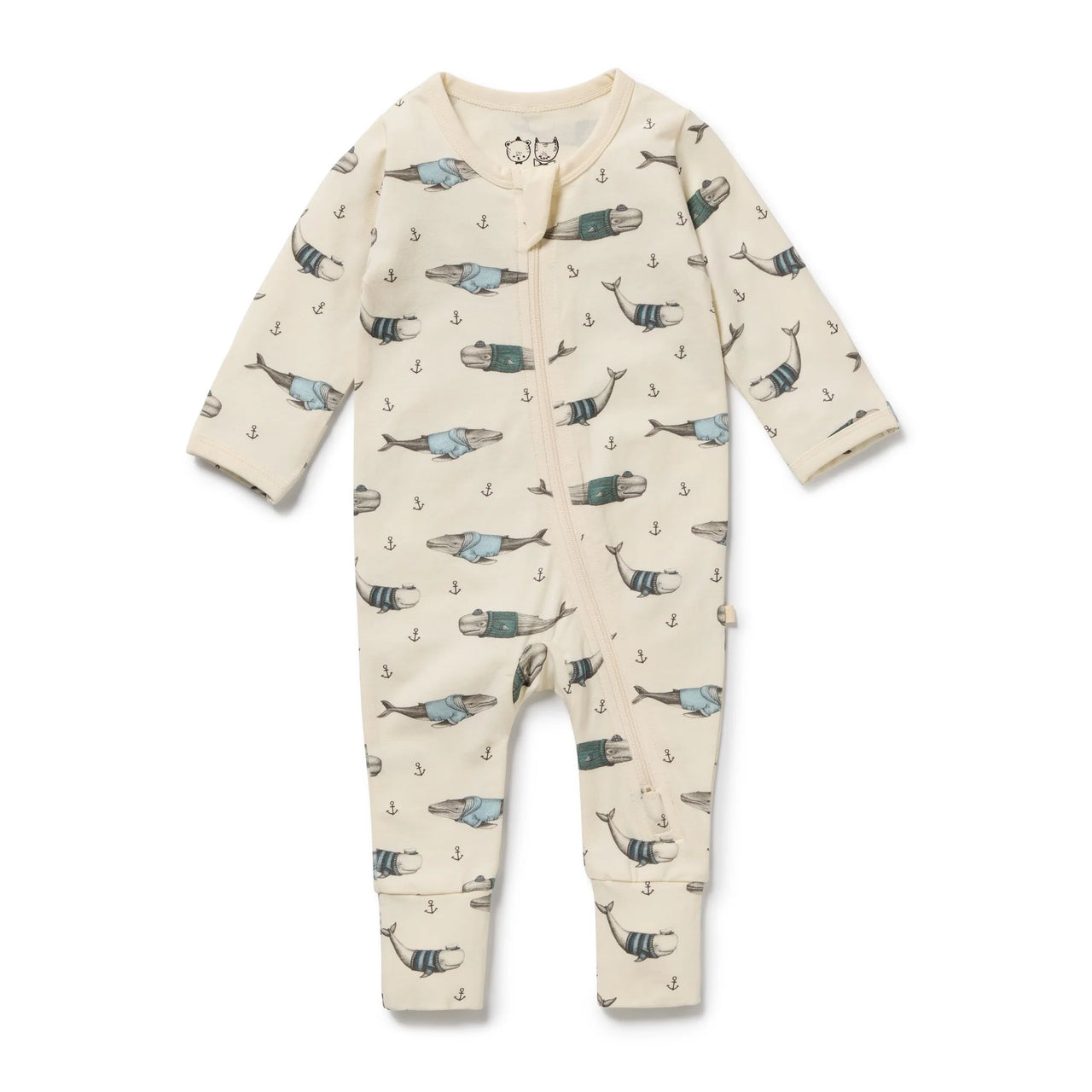 WILSON & FRENCHY WOOLLY WHALES ORGANIC ZIPSUIT WITH FEET