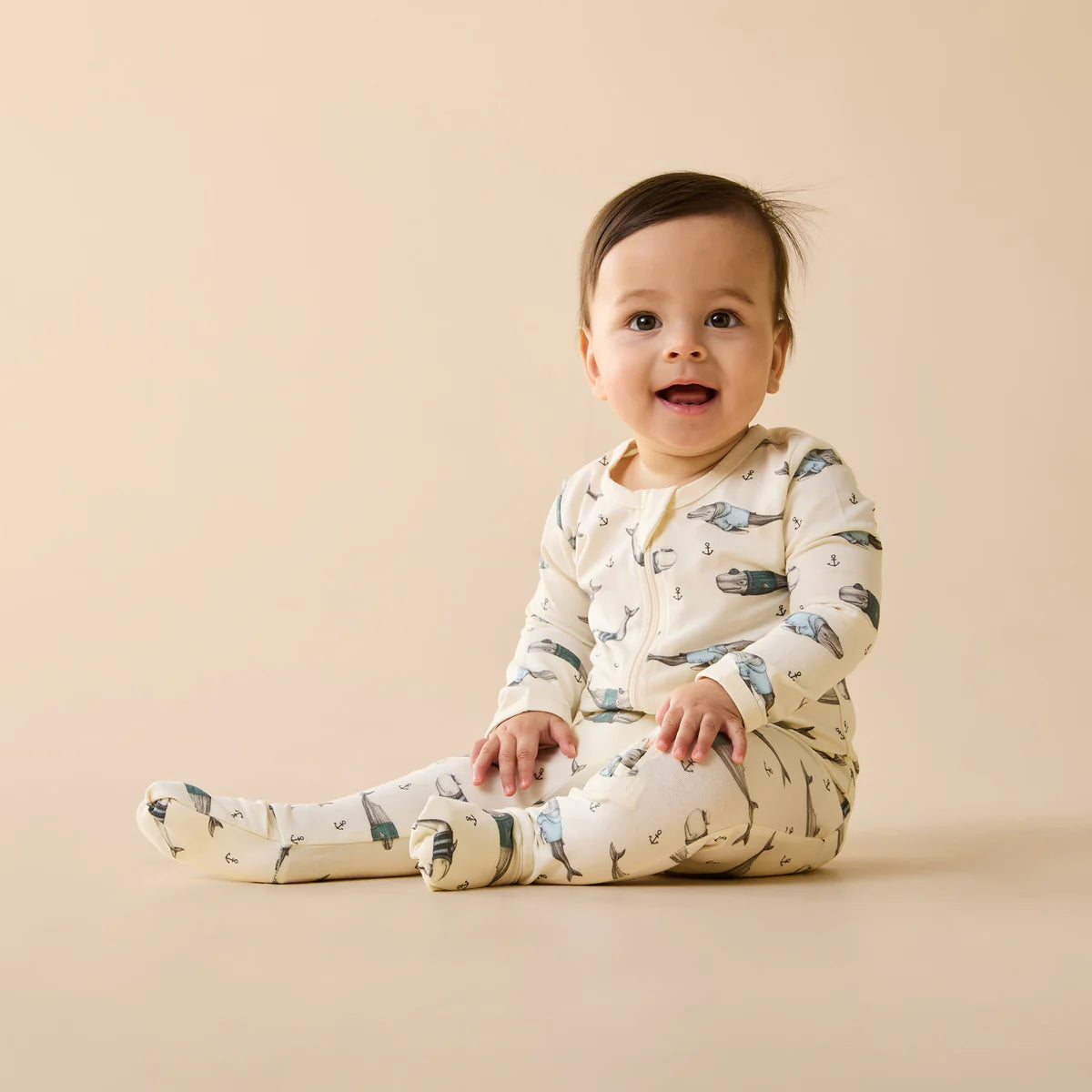 WILSON & FRENCHY WOOLLY WHALES ORGANIC ZIPSUIT WITH FEET