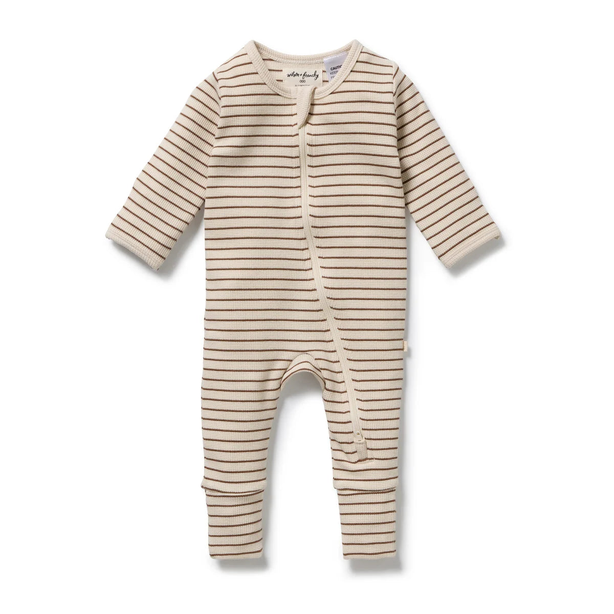 WILSON & FRENCHY NUTMEG STRIPE ORGANIC WAFFLE ZIPSUIT WITH FEET