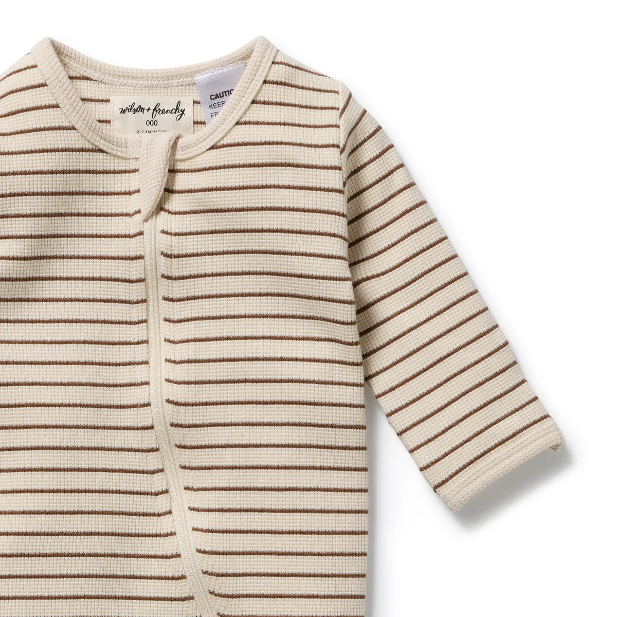 WILSON & FRENCHY NUTMEG STRIPE ORGANIC WAFFLE ZIPSUIT WITH FEET