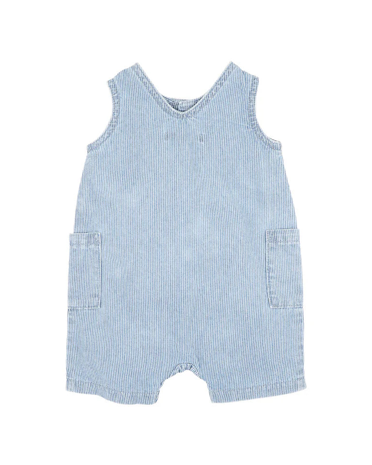 BEBE CLAYTON STRIPE DENIM ROMPER