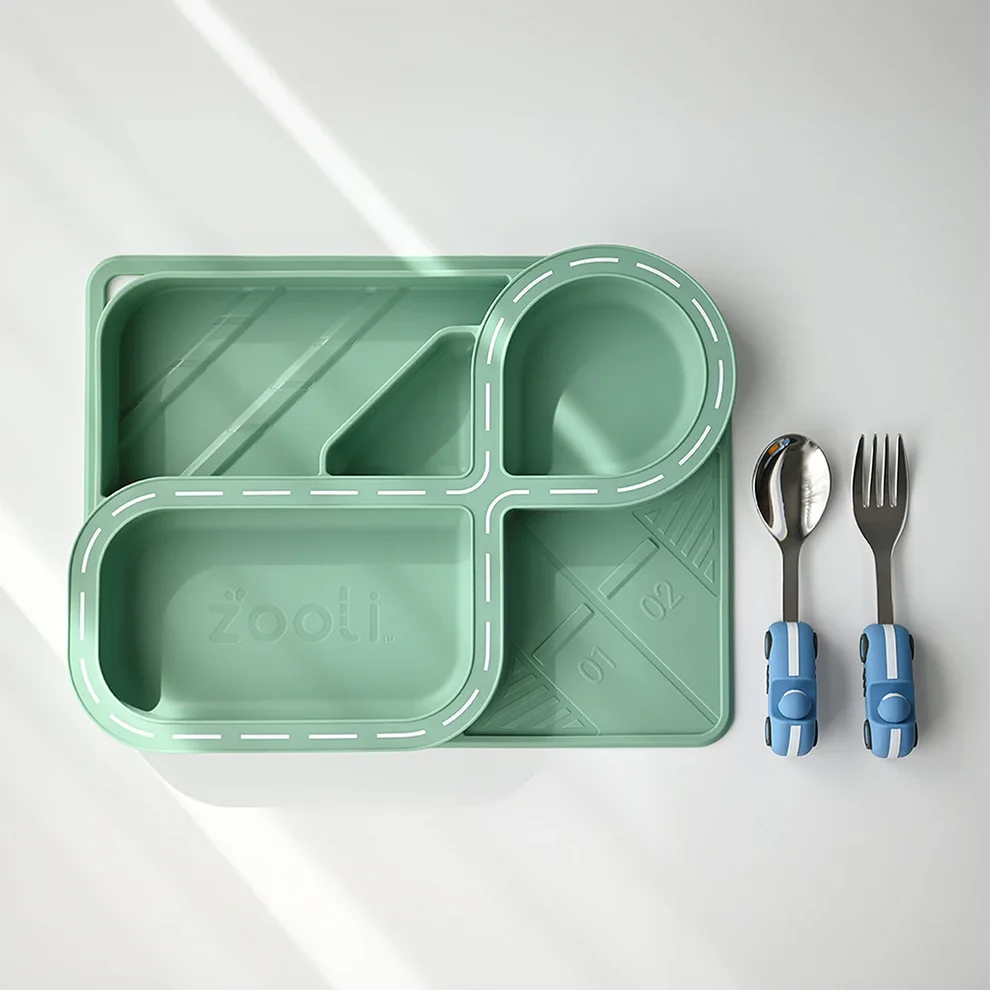 ZOOLI CHILDRENS DINNERWARE SET - SAGE GREEN RACETRACK