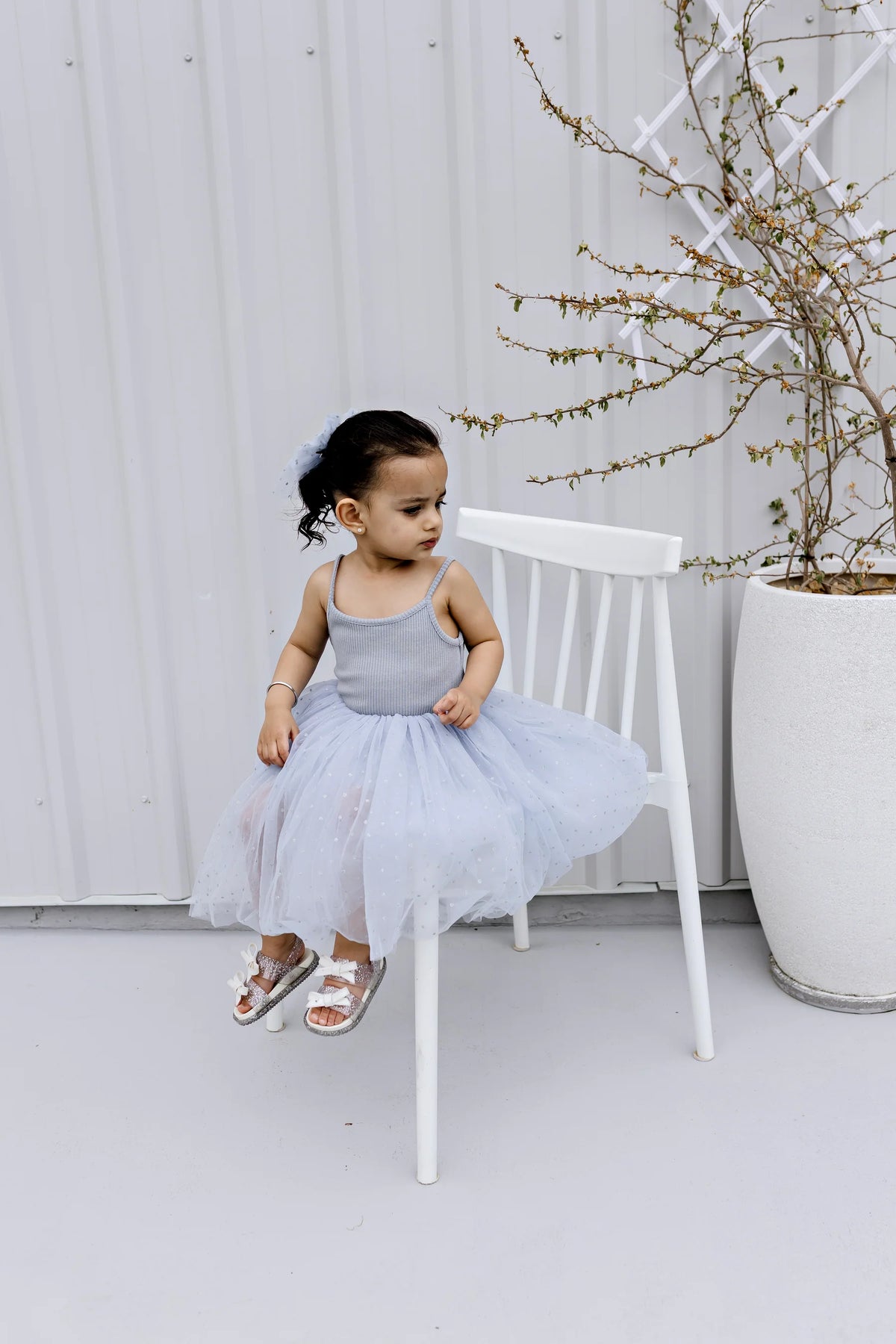 CONFETTI KIDZ RIBBED TULLE DRESS DUSTY BLUE DOTS