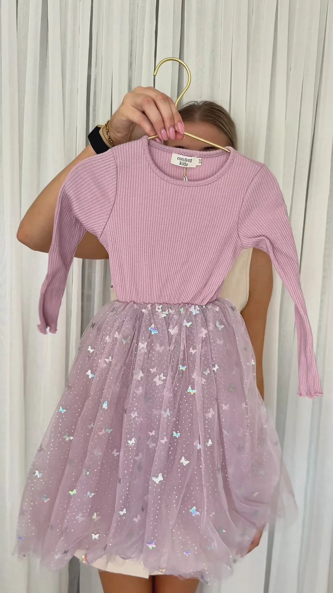 CONFETTI KIDZ LONG SLEEVE TULLE DRESS -MAUVE BUTTERFLIES