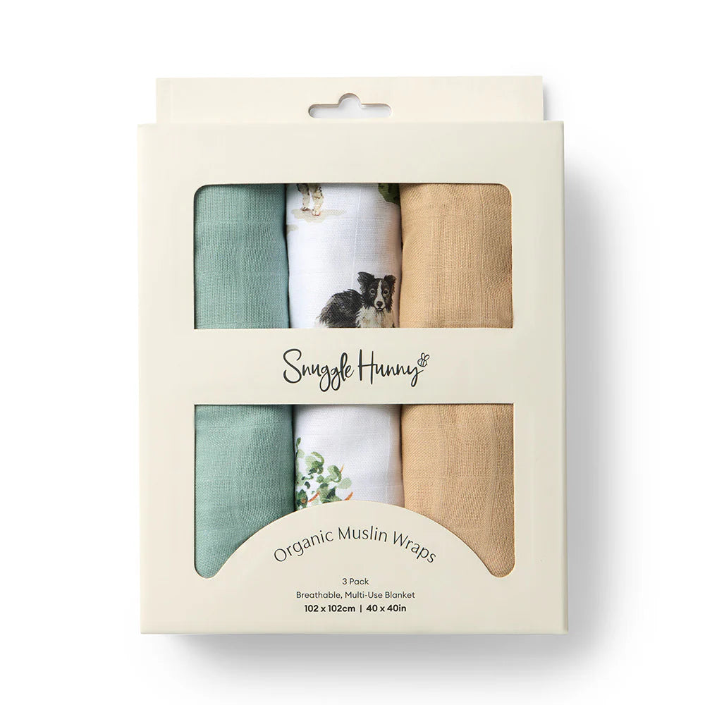 SNUGGLE HUNNY LARGE ORGANIC MUSLIN WRAPS 3 PACK-DOGS/SAGE/PEBBLE