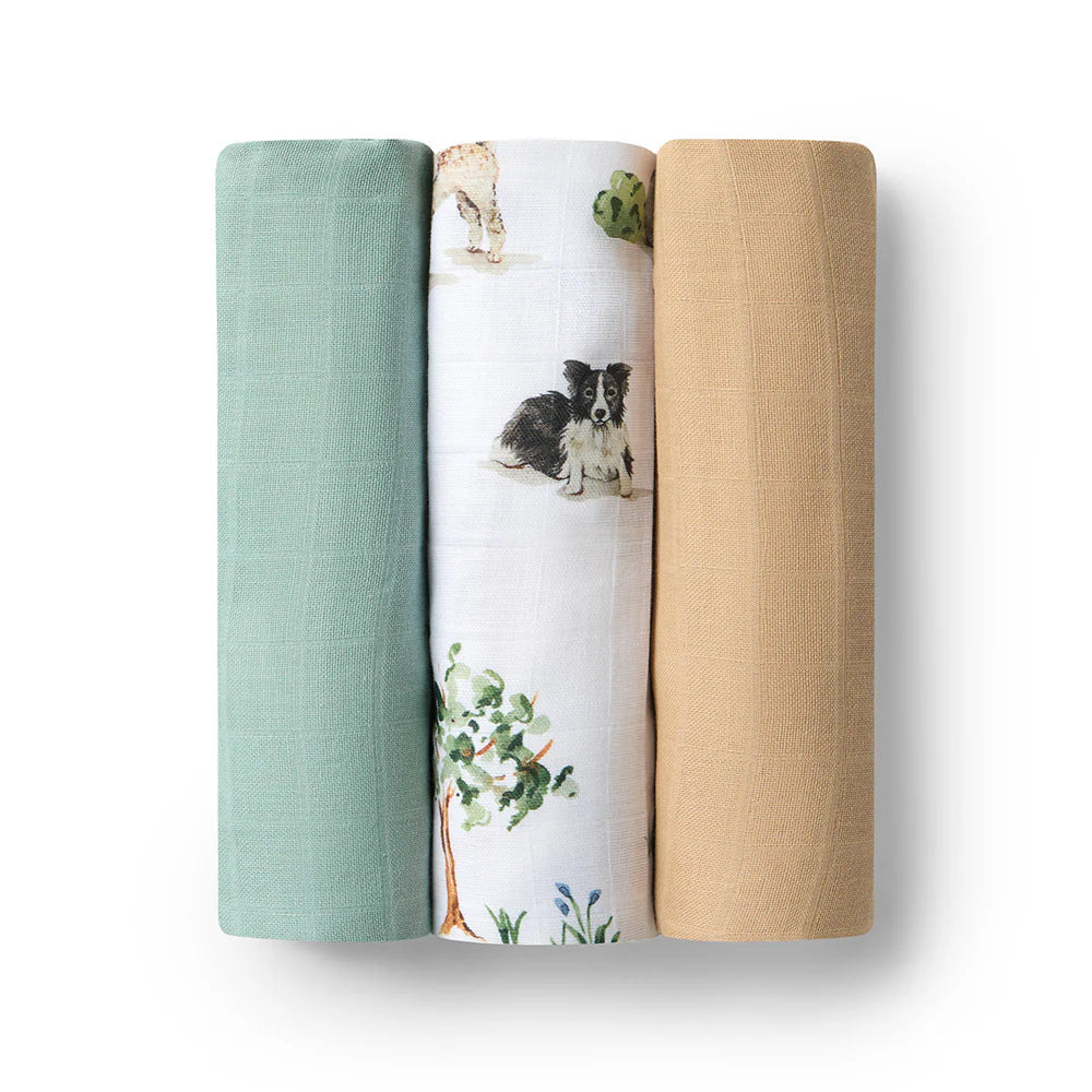 SNUGGLE HUNNY LARGE ORGANIC MUSLIN WRAPS 3 PACK-DOGS/SAGE/PEBBLE