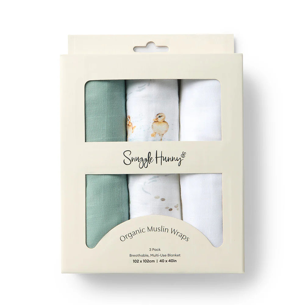 SNUGGLE HUNNY LARGE ORGANIC MUSLIN WRAPS 3 PACK-DUCK POND/SAGE/MILK