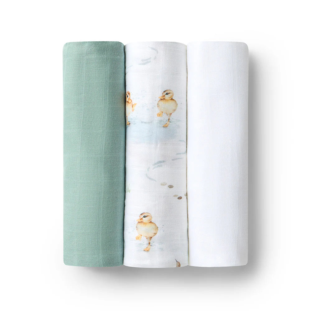 SNUGGLE HUNNY LARGE ORGANIC MUSLIN WRAPS 3 PACK-DUCK POND/SAGE/MILK