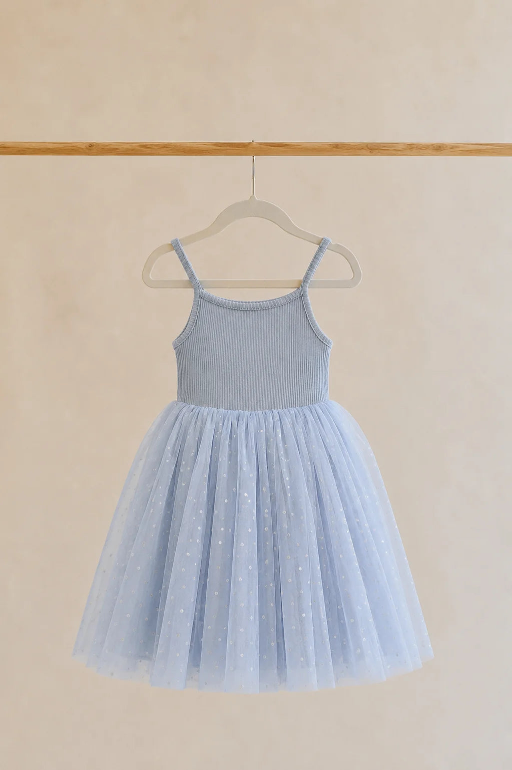 CONFETTI KIDZ RIBBED TULLE DRESS DUSTY BLUE DOTS