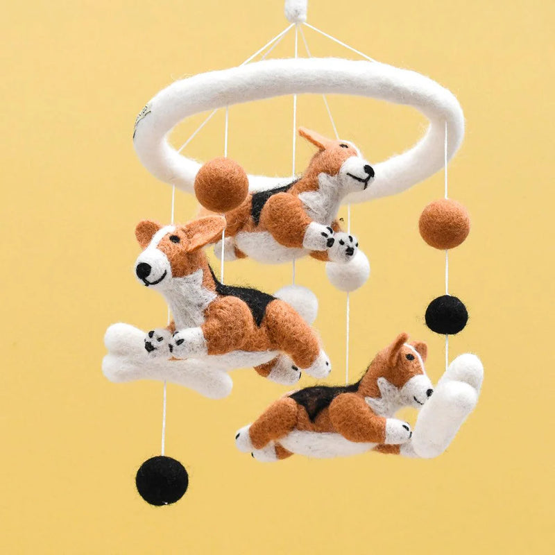 TARA TREASURES NURSERY COT MOBILE - JUMPING CORGI DOGS