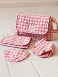 TINY HARLOW CONVERTIBLE DOLL'S NAPPY BAG SET PINK GINGHAM