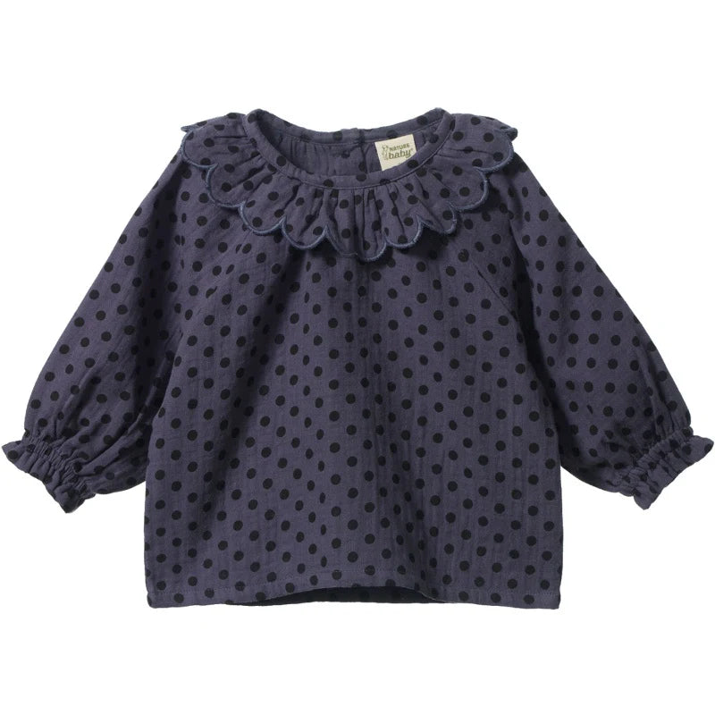 NATURE BABY RUFFLE CAMERON BLOUSE VIOLET POLKA DOT PRINT