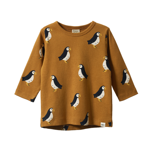 NATURE BABY LONG SLEEVE RIVER TEE PUFFIN TOFFEE PRINT