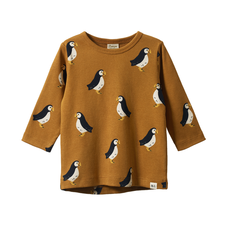 NATURE BABY LONG SLEEVE RIVER TEE PUFFIN TOFFEE PRINT