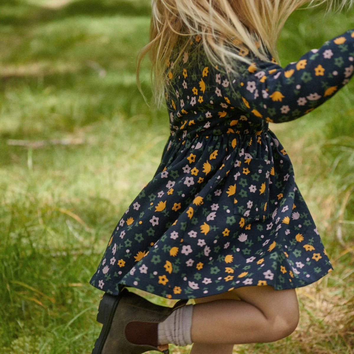 NATURE BABY LONG SLEEVE TWIRL DRESS NAVY POLLYANNA PRINT