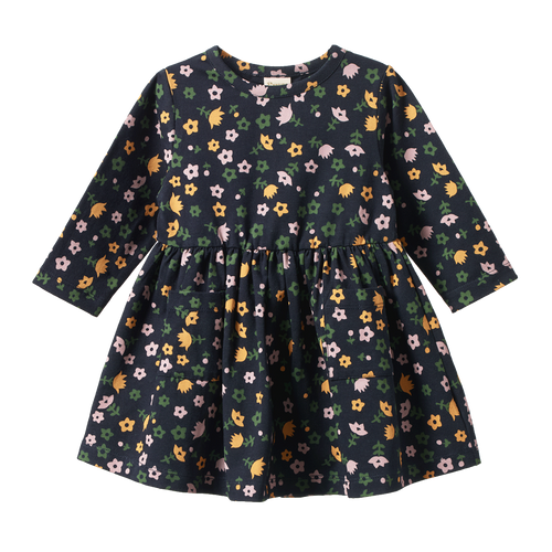 NATURE BABY LONG SLEEVE TWIRL DRESS NAVY POLLYANNA PRINT