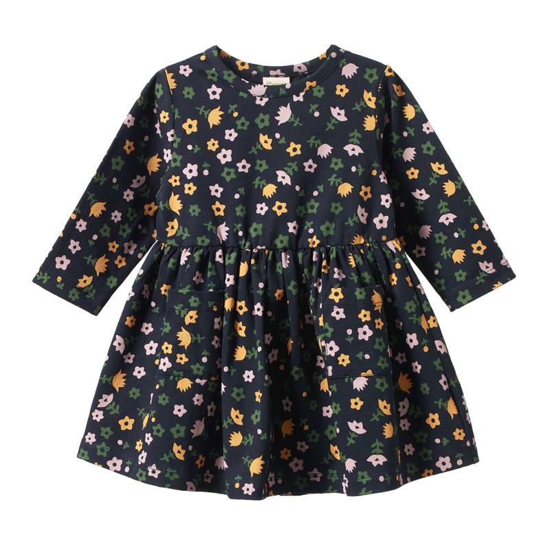 NATURE BABY LONG SLEEVE TWIRL DRESS NAVY POLLYANNA PRINT