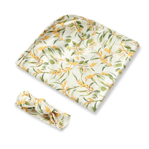 SNUGGLEHUNNY GOLDEN WATTLE JERSEY WRAP & TOPKNOT SET